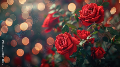 Bouquet of red roses with green leaves on the abstract background with bokeh effect © Iqra