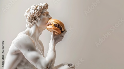 Fototapeta Naklejka Na Ścianę i Meble -  Classical Sculpture Enjoying a Modern Burger Delight. Generative AI