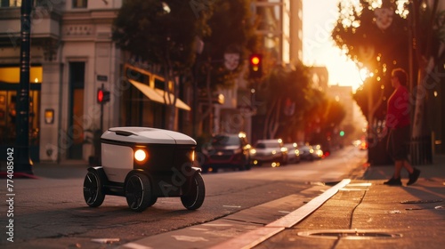 Food delivery robot moving along a city street
