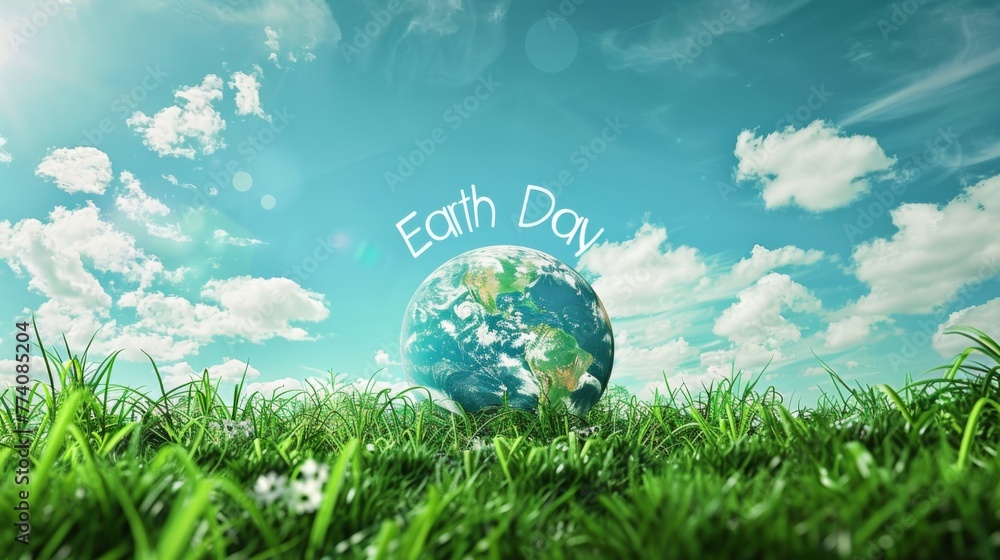 The planet is located on a grassy surface surrounded by flowers and trees. Earth Day concept The planet is located on a grassy surface surrounded by flowers and trees. Earth Day concept