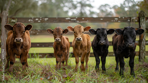 A group of curious calves, with a wooden fence in the background, during a playful romp in the pasture photo