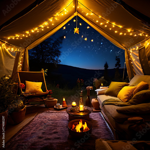 Step into the magic of the night with our holiday camping experience. Inside our cozy tent  a warm yellow light glows  casting a soft ambiance against the canvas. Above  the sky is alive with shooting