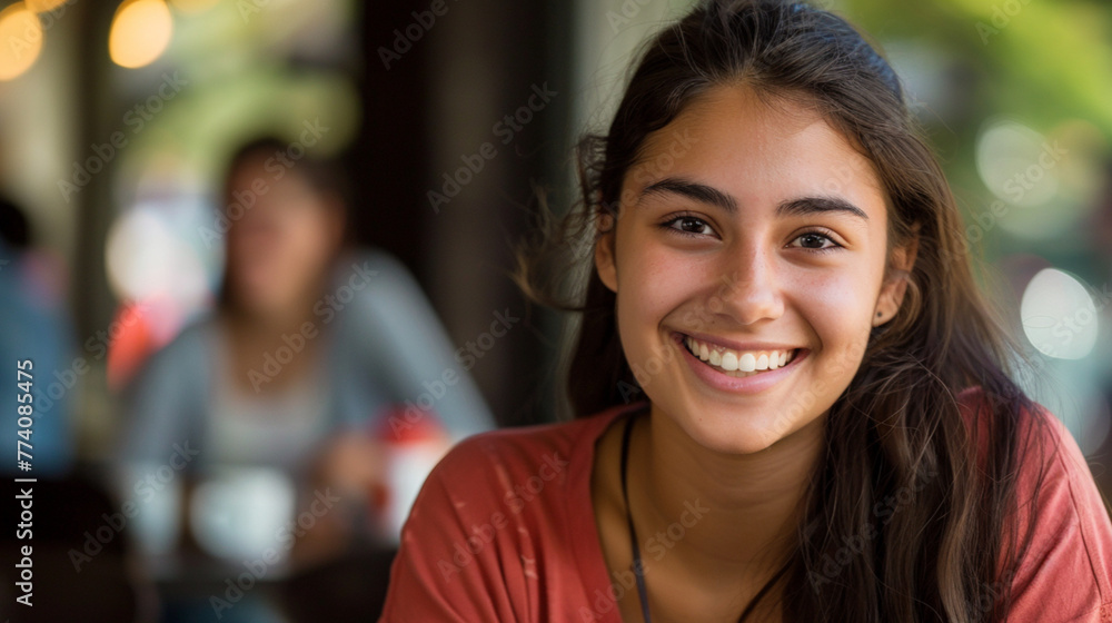 smiling university student with a focused expression, coffee mug nearby 