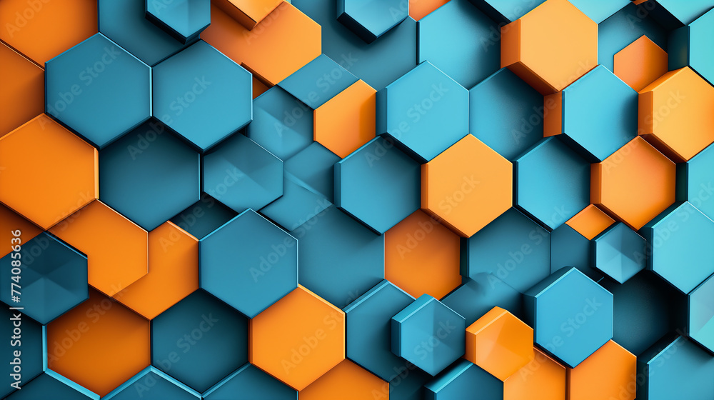 Blue and orange hexagons background pattern 3D rendering. Hexagons pattern. Abstract cube hexagon shape pattern background, Ai generated Blue and orange hexagons background pattern 3D rendering. Hexagons pattern. Abstract cube hexagon shape pattern background, Ai generated