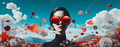 Surreal collage with young woman with classic red glasses, beautiful fantasy panoramic landscape, generated by ai photo