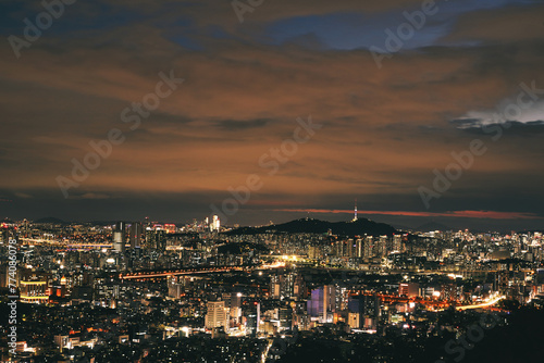 Stunning Night View of urban Seoul City from the Mountain Top