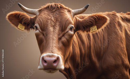 brown cow on single color background  close view  hyper detailed