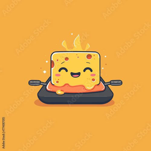 Vector cartoon character illustration. Cute happy chees dish Raclette. Isolated on yellow background.