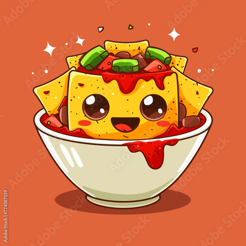 Cute kawaii mexican Chilaquiles fried tortilla slicesin bowl. Vector illustration.