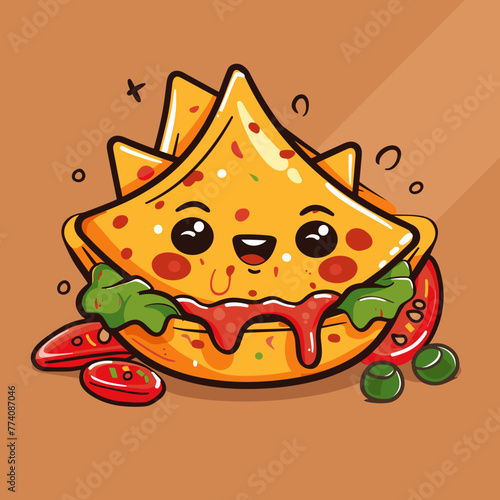 Illustration of Chilaquiles fried tortilla slices with kawaii face, vector illustration.