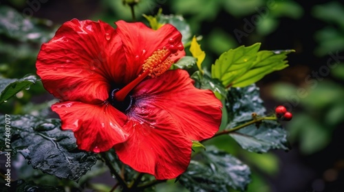 Blooming red flower of China rose, rose of Sharon, hardy hibiscus, rose mallow, Chinese hibiscus photo