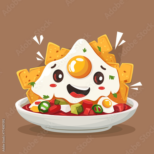 Funny fried egg in a bowl with nachos. Vector illustration. Chilaquiles fried tortilla slices