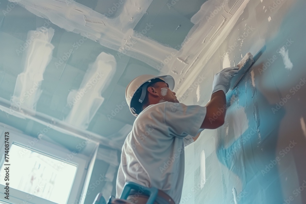 Worker trowels putty on drywall with finishing putty Worker trowels putty on drywall with finishing putty