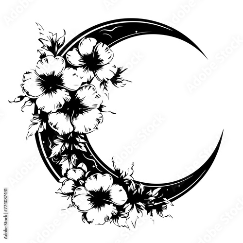 A black crescent moon vector enveloped by floral patterns, combining celestial and botanical elements in a harmonious design.
