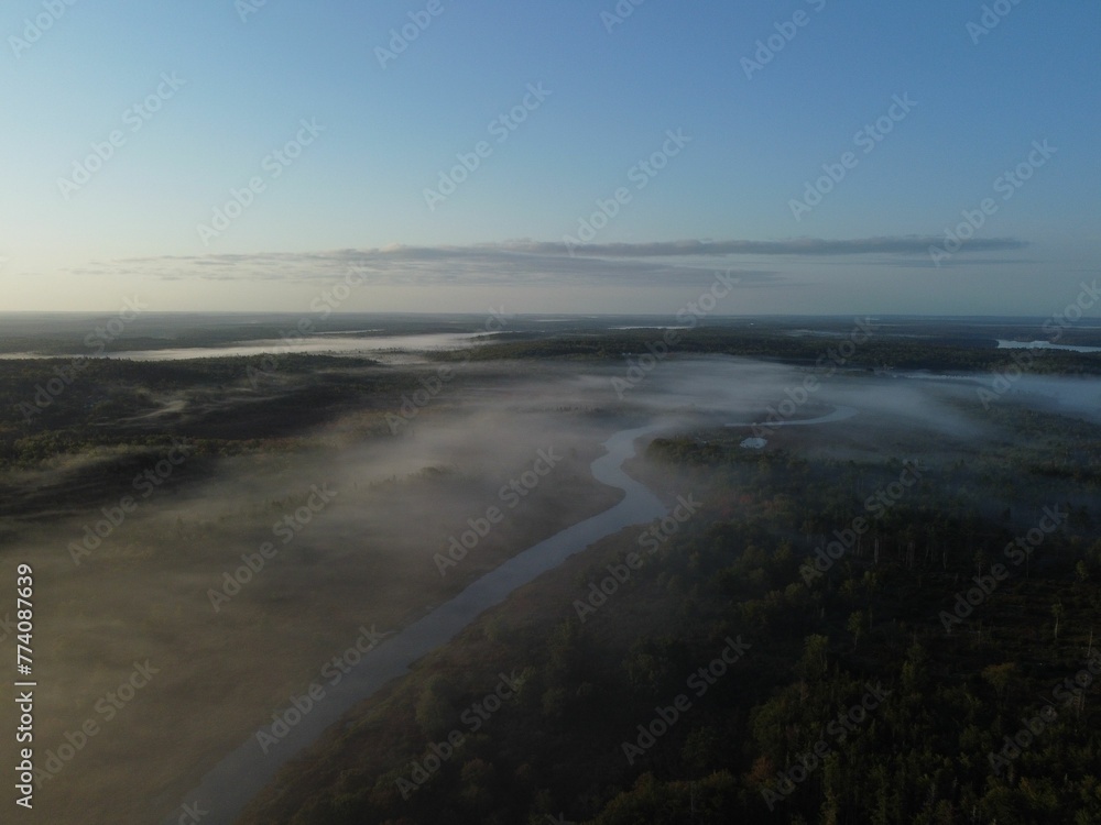 Aerial foggy view of the river and forest