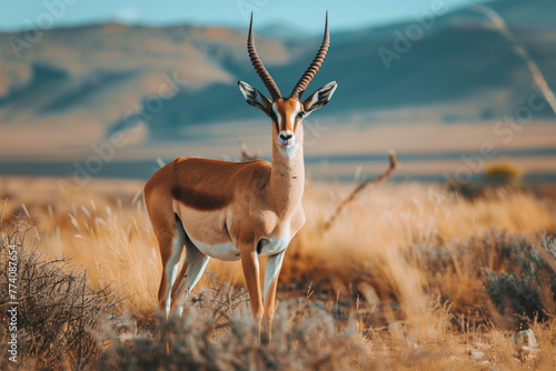 Photo of a male gazelle in the savannah. photo