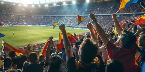 Crowd of soccer's fans with flags at the stadium