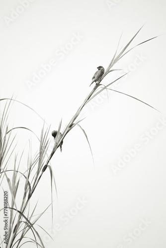 Vertical shot of two birds perched on a high grass isolated on a white background