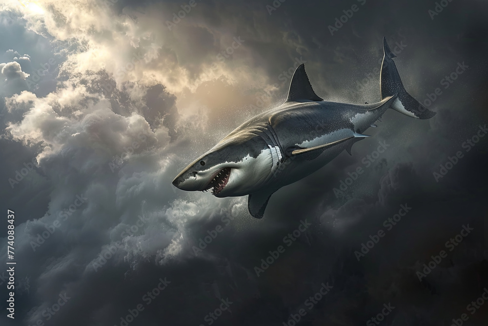A flying great white sharky passing through dark clouds - obrazy, fototapety, plakaty 