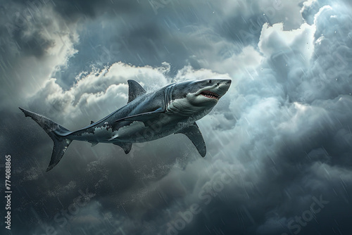 A flying great white sharky passing through dark clouds photo