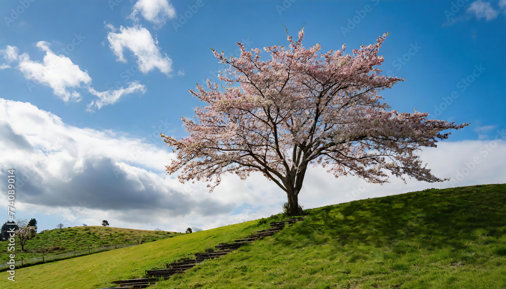 Cherry blossoms in full bloom on a hillside in spring Cherry blossoms in full bloom on a hillside in spring