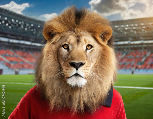 fantasy portrait of a lion in a red T-shirt on blurred background of lawn in stadium.  Galatasaray football team symbol