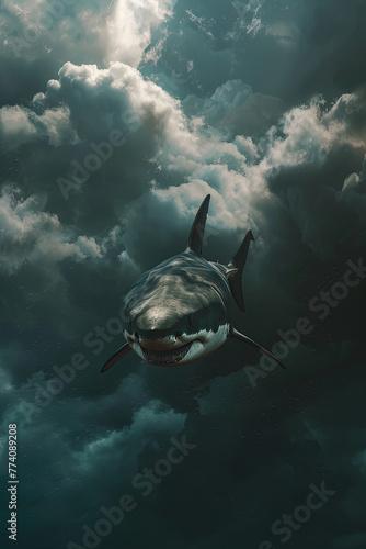 A flying great white sharky passing through dark clouds photo