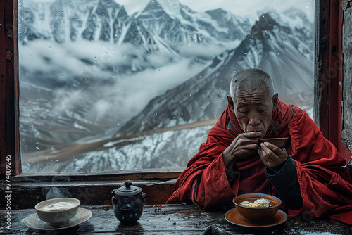 Teetrinken in alter Tradition -Mönch in Tibet trinkt Buttertee