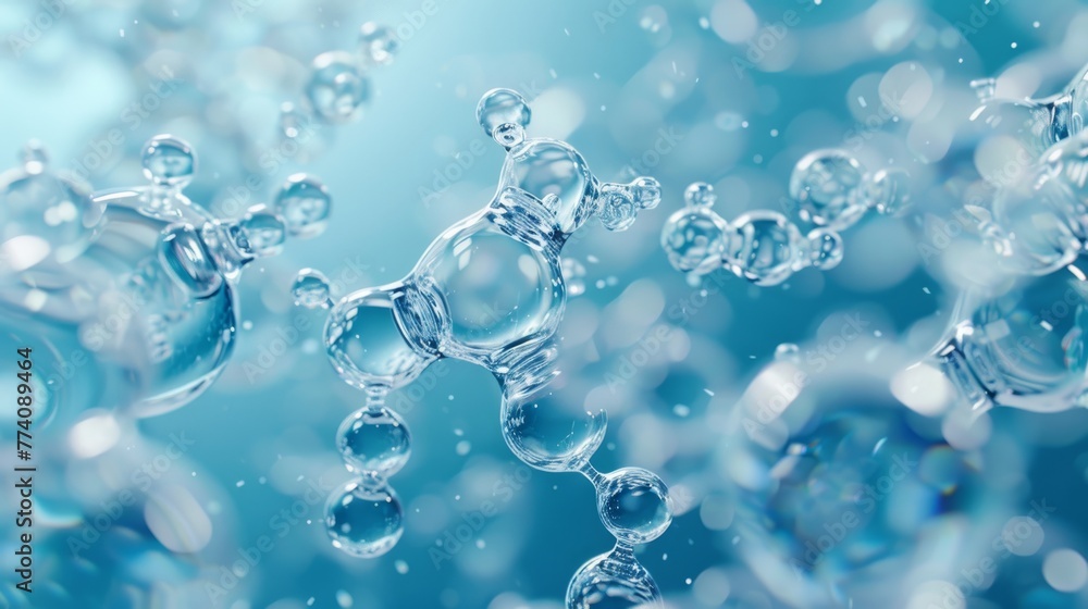 3D illustration of molecular structure in blue tones with focus on water molecules. 3D illustration of molecular structure in blue tones with focus on water molecules.