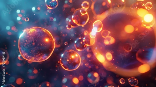 Abstract concept of vibrant spherical particles and orbs, representing atoms or data nodes in orange hues.