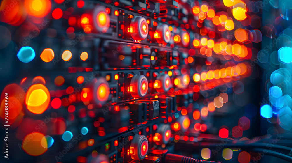 A server rack, with orderly rows of blinking lights as the background, during a maintenance routine - obrazy, fototapety, plakaty 