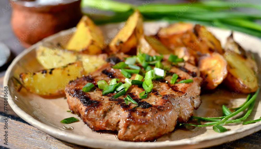 Juicy grilled meat steak with fried potatoes and green onions. Delicious dish. Tasty restaurant food Juicy grilled meat steak with fried potatoes and green onions. Delicious dish. Tasty restaurant food