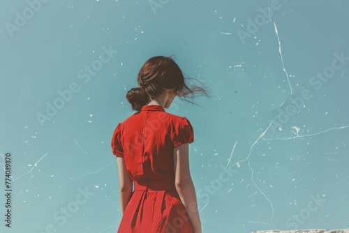 Woman in red dress looking out over clear blue sky photo