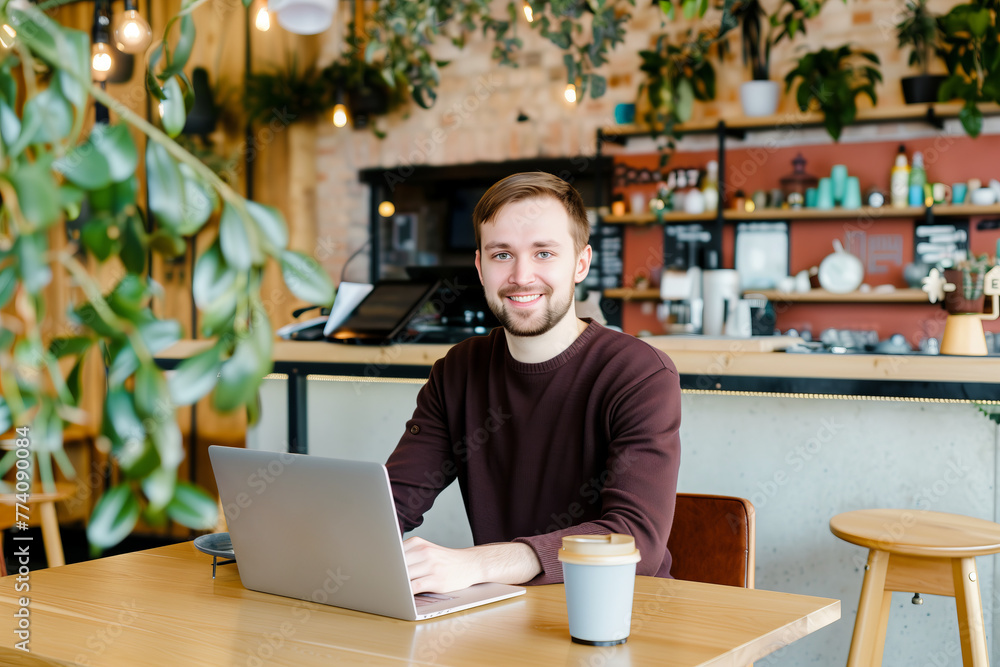 Obraz premium Happy man working online at a modern cafe with laptop