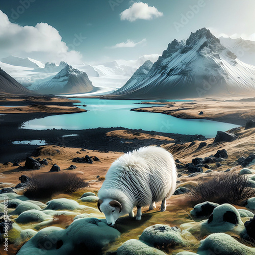Eine wunderschöne isländische Landschaft mit Schaf (fiktiv)