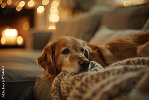 A brown dog relaxing on a couch in a family living room, adding warmth to the scene