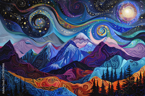 Cosmic Vistas Over Whimsical Mountain Landscapes