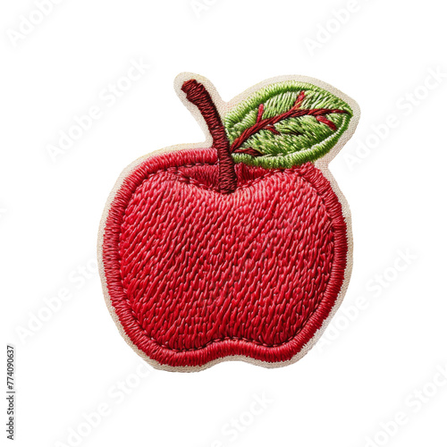 Detailed red apple and leaf embroidered badge on transparent