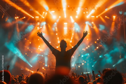 A man confidently stands in front of a lively crowd at a concert, engaging with the audience as he performs on stage