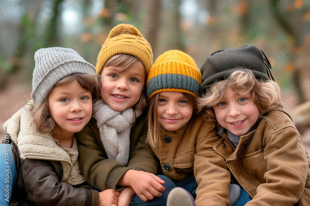 Group of cute kids sitting together in forest and looking at camera Group of cute kids sitting together in forest and looking at camera