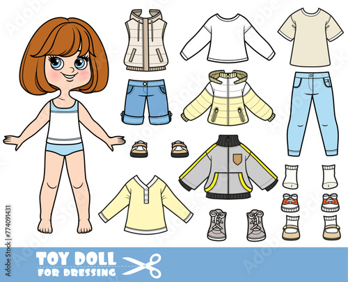 Cartoon brunette girl  with short bob and clothes separately  -  long sleeve, shorts, jacket, jeans and boots