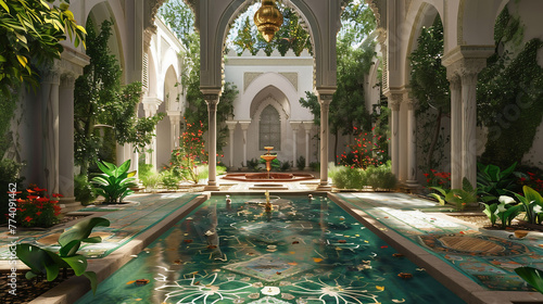Islamic garden: A garden decorated with fountains, pools photo