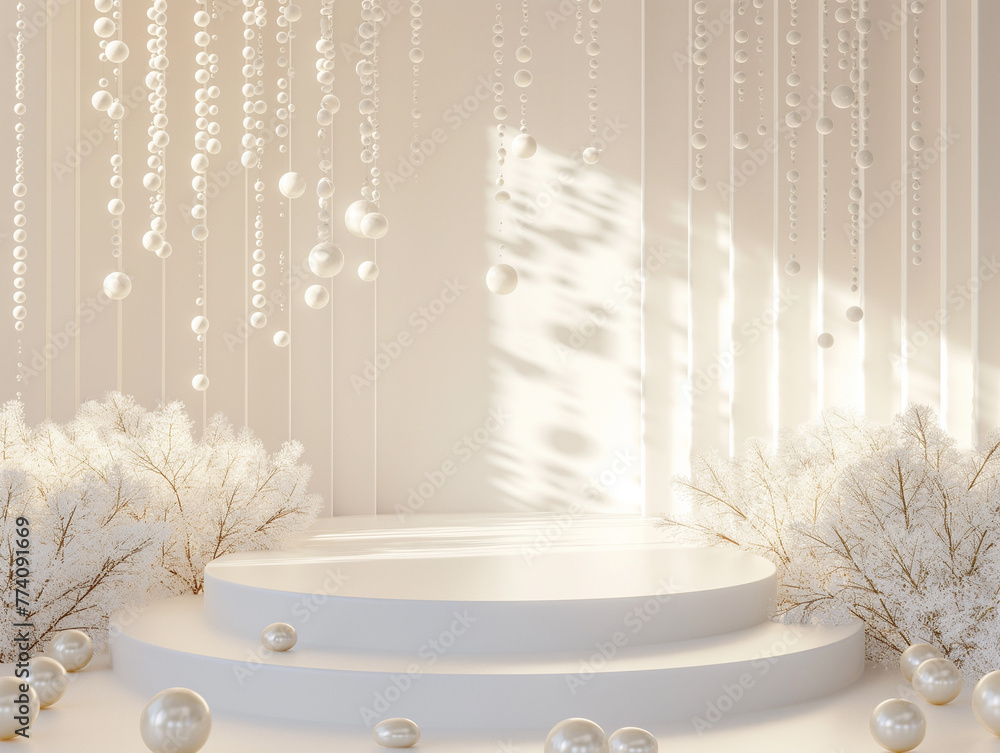 A modern and ethereal space adorned with hanging pearls and white coral-like decorations, bathed in sunlight.