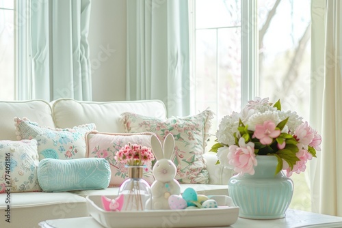 A bright living room filled with an abundance of furniture and flowers  creating a lively and vibrant atmosphere