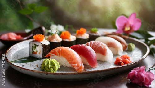 Sushi with tuna on plate. Set of various sushi. Delicious Asian food. Tasty restaurant dish.