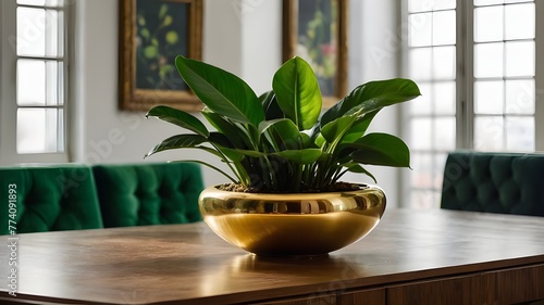  An elegant houseplant in a gold vase adorning a table with its vibrant petals and lush green leaves, adding a natural touch to the indoor decor.