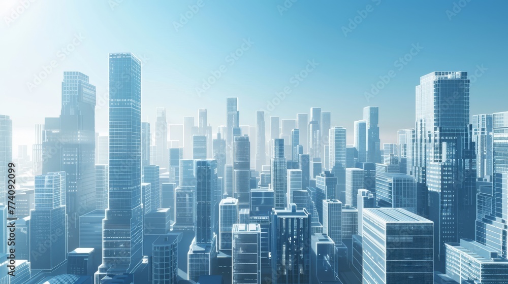 Futuristic city skyline with high-rise buildings in a monochromatic blue tone under a bright sky.