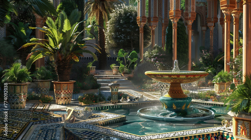 Islamic garden: A garden decorated with fountains, pools