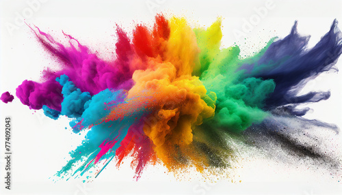 colorful rainbow holi paint color powder explosion isolated white wide panorama background. Explosion of colored powder isolated, Ai generated