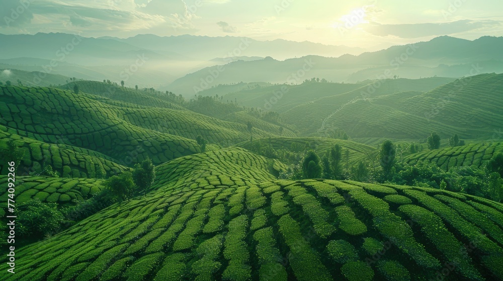Tea plantation aerial view, sweeping vistas of rolling hills blanketed in tea bushes